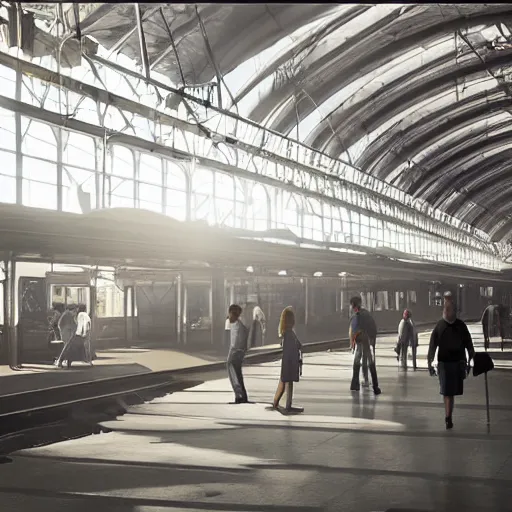 Image similar to an cavernous and expansive train terminal, sun rays coming in through windows, smoky and dusty air, people in a train station, photograph by hal morey, featured on cg society, light and space, volumetric lighting, matte drawing, global illumination