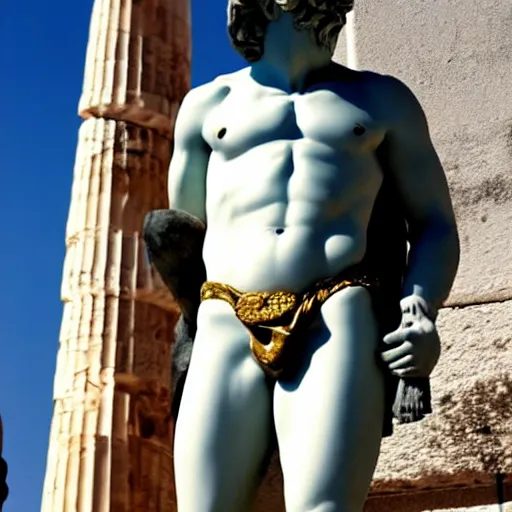 Image similar to Mario as a greek god statue, realistic photo in athens