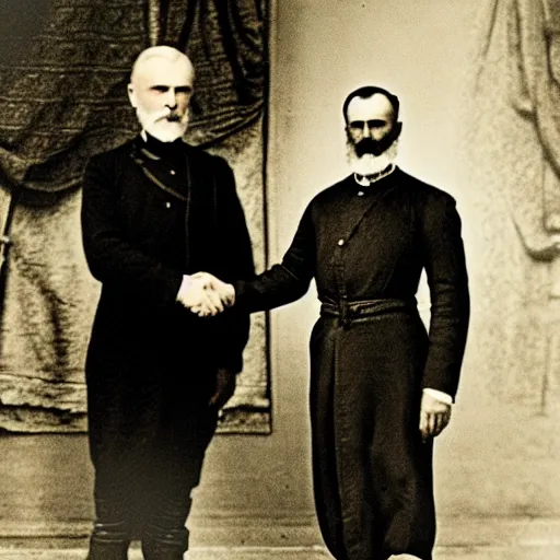 Prompt: theodor herzl shaking hands with franz joseph colorized