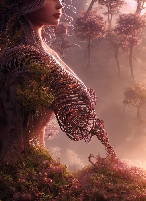 Image similar to beauteous sumptuous biomechanical incredible hair, crystalline masterpiece incrustations, hyperdetailed face, elegant pose, movie still, intricate, octane render, cinematic technology forest lighting, fractaltrees, cgsociety, unreal engine, crepuscular rays, god rays