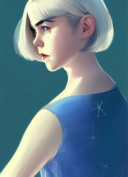 Image similar to portrait of kiernan shipka with freckles, white hair, 1 9 6 0 s bob hairstyle with bangs and hairband, blue 1 9 6 0 s dress, intricate, elegant, glowing lights, highly detailed, digital painting, artstation, concept art, smooth, sharp focus, illustration, art by wlop, mars ravelo and greg rutkowski