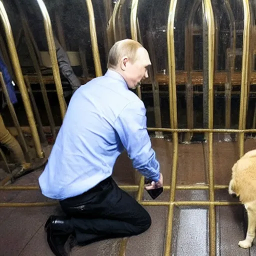 Prompt: Putin stay on knees like dog in cage and Zelenskiy feed him