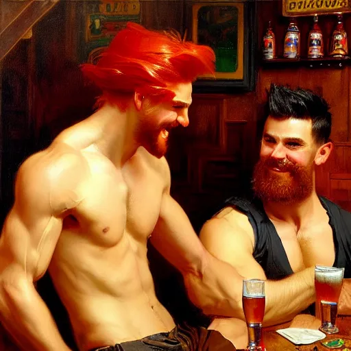 Prompt: attractive maculine male with red hair and attractive masculine male with black hair. pants and shorts, drinking their hearts out, having fun, in a pub. highly detailed and very defined painting by gaston bussiere, j. c. leyendecker, craig mullins 8 k