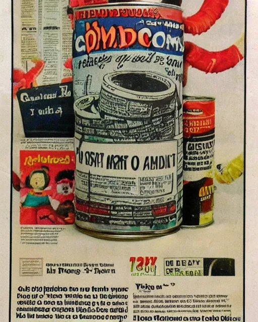 Prompt: can of worms, ebay listing, product picture, advertisement, old newspaper article