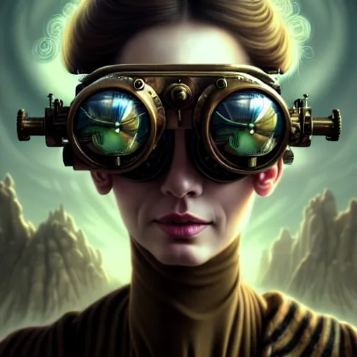 Prompt: closeup portrait shot of a glitched woman wearing steampunk goggles in a scenic dystopian environment, intricate, elegant, highly detailed, centered, digital painting, artstation, concept art, smooth, sharp focus, illustration, artgerm, tomasz alen kopera, peter mohrbacher, donato giancola, joseph christian leyendecker, wlop, boris vallejo