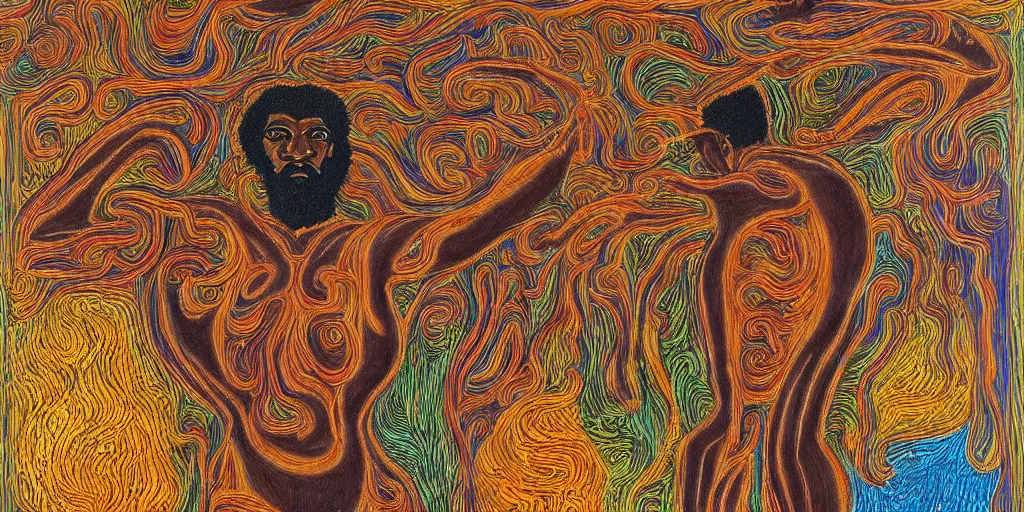 Prompt: an abstract tropical landscape, portrait of a hirsute dark - skinned greek god dancing. 2 4 mm, photorealistic, muted color scheme, directed by mati klarwein
