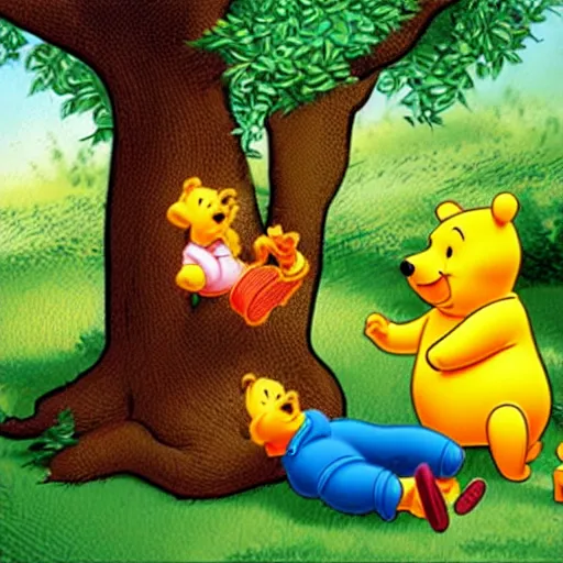 Prompt: realistic photo of Xi jinping laying under a tree with Winnie the pooh