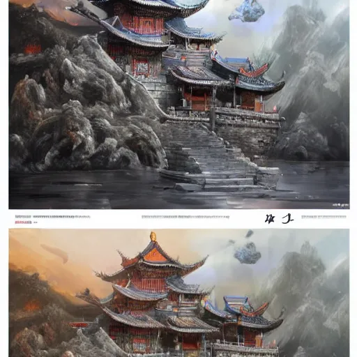 Image similar to dynamic composition, motion, ultra-detailed, incredibly detailed, a lot of details, amazing fine details and brush strokes, colorful and grayish palette, smooth, HD semirealistic anime CG concept art digital painting, watercolor oil painting of epic castle gate, from Three Kingdoms, by a Chinese artist at ArtStation, by Huang Guangjian, Fenghua Zhong, Ruan Jia, Xin Jin and Wei Chang. Realistic artwork of a Chinese videogame, gradients, gentle an harmonic grayish colors.