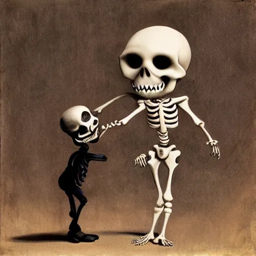 Prompt: a friendly skeleton entertaining a girl by mark ryden