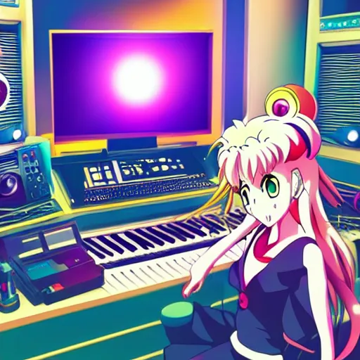 Image similar to An anime character working in their music studio. 90s anime, Sailor Moon, VHS, official art, flat cell shading, fantastic screenshot, trending on artstation