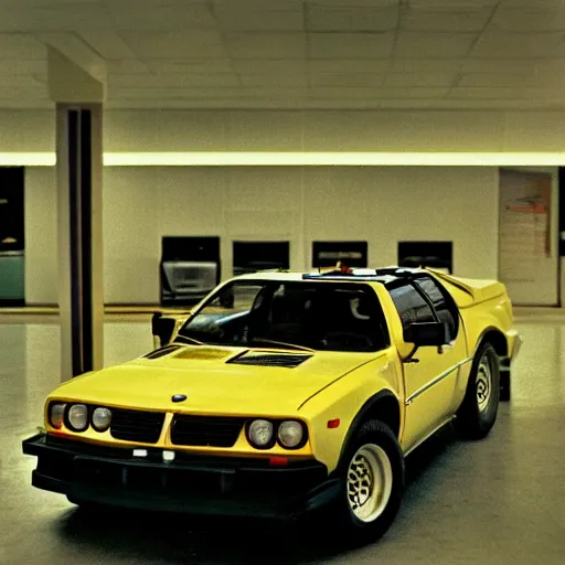 Prompt: 1979 HUMMER BMW M1, inside of an auto dealership, ektachrome photograph, volumetric lighting, f8 aperture, cinematic Eastman 5384 film