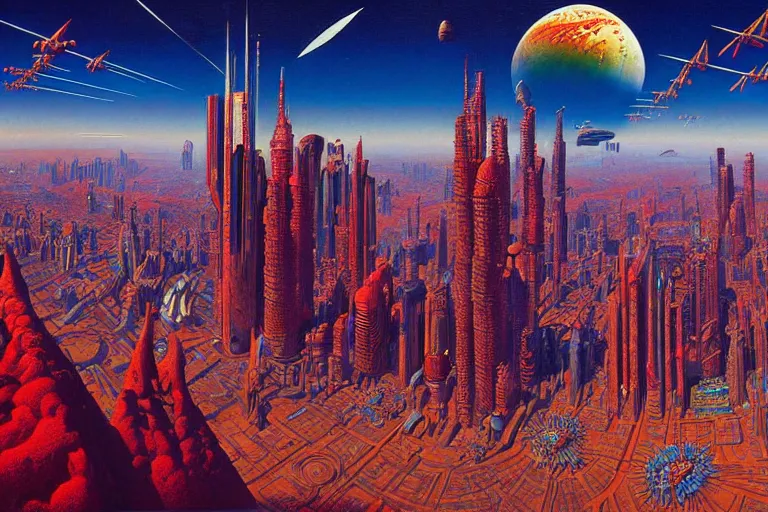 Prompt: intricately detailed cloisonnism wide angle painting of megacity 1 from judge dredd megacity 1 from judge dredd in no mans sky no mans sky | masterpiece syd - mead, moebius, bekskinski