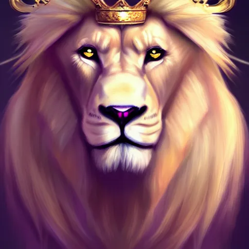 Image similar to a beautfiul aesthetic commission portrait of a anthro albino lion wearing a king's crown,attractive beautiful face,detailes face,expression,natural lighting,fantasy art,deviantart,artstation,character design by charles bowater,ross tran,4k,photorealistic