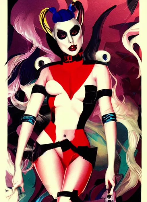 Prompt: beautiful lady gaga as harley quinn, high details, intricate details, by vincent di fate, artgerm julie bell beeple, 1 9 9 0 s, inking, vintage 9 0 s print, screen print