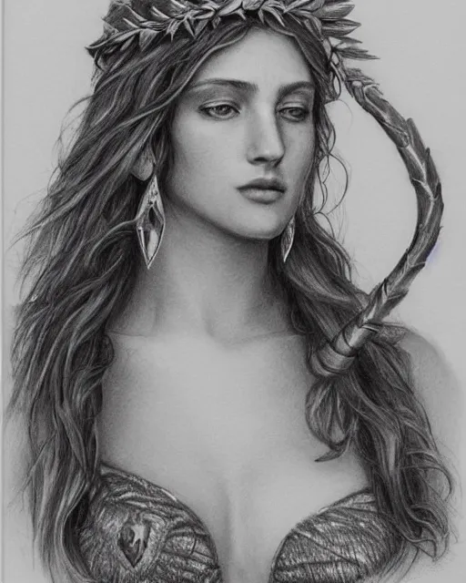 Image similar to pencil drawing of the beautiful greek goddess aphrodite wearing a laurel wreath and arrowhead earrings, beautiful confident eyes, beautiful flowing hair, white god eyes, hyper realistic face, in the style of greg rutkowski, fantasy, amazing detail, epic, elegant, smooth, sharp focus, from the front