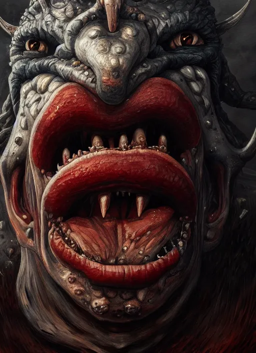 Prompt: close up portrait of a monster in the mountains of hell, one mouth, one nose, two eyes, oil painting by tomasz jedruszek, cinematic lighting, pen and ink, intricate line, hd, 4 k, million of likes, trending on artstation