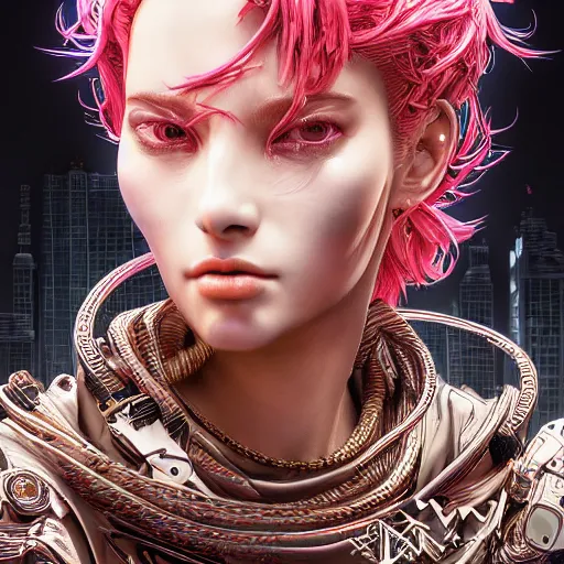 Prompt: the portrait of an absurdly beautiful, graceful, elegant, sophisticated, fashionable cyberpunk gravure idol, an ultrafine hyperdetailed illustration by kim jung gi, irakli nadar, intricate linework, bright colors, porcelain skin, unreal engine 5 highly rendered, global illumination, integrated led, radiant light, detailed and intricate environment