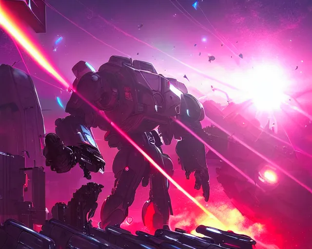 Prompt: artgerm, artstation, massive science fiction battlefield, mech machines firing bullets, people in space armor shooting neon lasers, destroyed buildings in the background