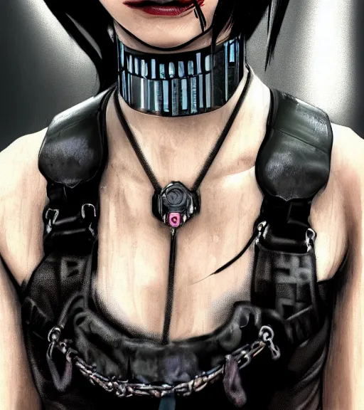 Image similar to detailed realistic female character cyberpunk wearing thick technological collar around neck, realistic, art, beautiful, 4K, collar, choker, collar around neck, punk, artstation, detailed, female, woman, choker, cyberpunk, neon, punk, collar, choker, collar around neck, thick collar, tight around neck, punk,