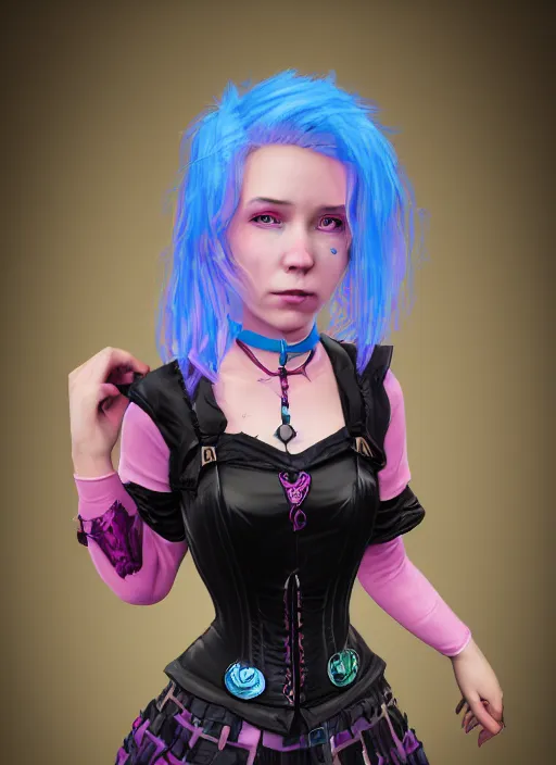 Image similar to An epic fantasy comic book style portrait painting of a young women, with pink hair, short black skirt, black leggings, blue shoes, cyan corset, with a cyan heart necklace Unreal 5, DAZ, hyperrealistic, octane render, cosplay, RPG portrait, dynamic lighting