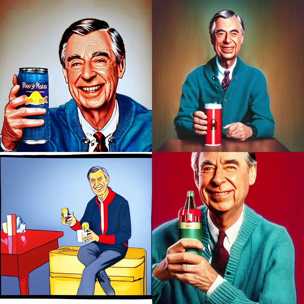 Prompt: Mr. Rogers drinking a redbull, portrait, hyperrealistic