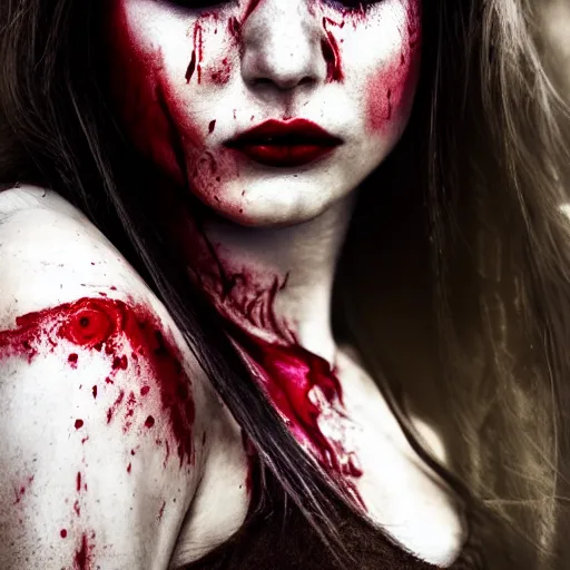 Image similar to portrait of a stunning female warrior with blood on her face, closeup, devianart