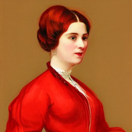 Image similar to portrait of female in red victorian dress, painting