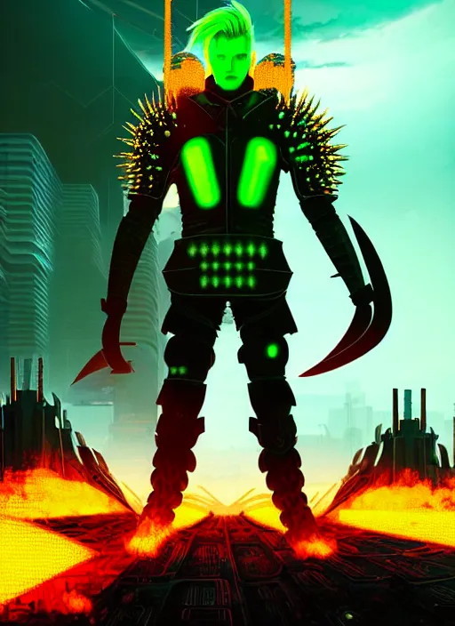 Prompt: a striking cinematic full body portrait of a male warrior with long blonde hair and blue eyes wearing evil green spiked cyberpunk armour and standing in the desolate burning ruins of a futuristic city by hirohiko araki and beeple, fine details, digital art, character concept art, volumetric lighting, cinematic light