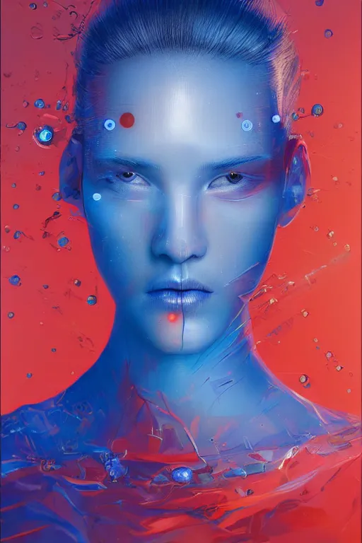 Prompt: 3 d, sci - fi, sun rays, sleepy fashion model face, detailed blue, cinematic, vogue cover style, poster art, light red and deep blue mood, realistic painting, intricate oil painting, high detail, figurative art, multiple exposure, poster art, 3 d, by tooth wu and wlop and beeple and greg rutkowski
