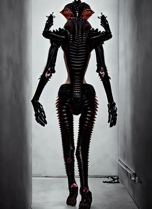 Image similar to walking down the catwalk, steven klein, show, stage, vogue photo, podium, fashion show photo, iris van herpen, beautiful woman, full body shot, helmet on face, masterpiece, plant predator, guyver, jellyfish, biomechanical details, movie still, fauvism, cinestill, bokeh, gelios lens