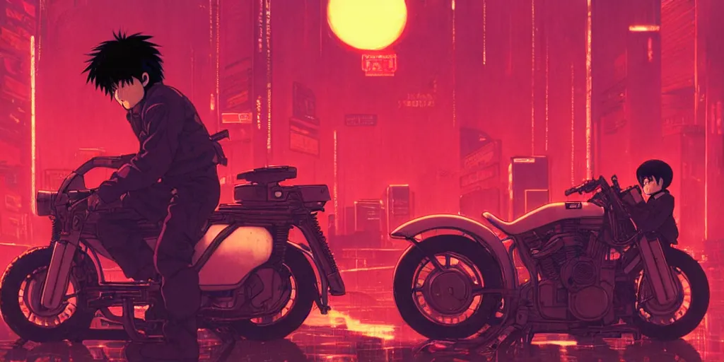 Image similar to twilight lighting, moody, atmospheric, solarpunk, kaneda and his motorcycle from akira, rainy, in the art style of neon genesis : evangelion, 8 0 s anime style, by ghibli studio and victor ngai, ghost in the shell art style, akira artstyle, pixar highly detailed, 8 k h 5 7 6