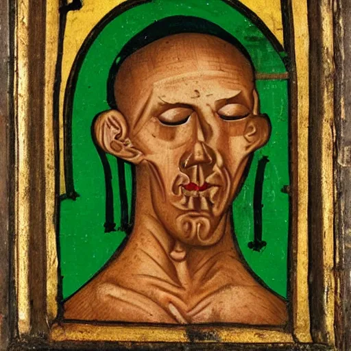 Image similar to skinny man with ugly deformed face wearing bright green cap and bodysuit, medieval painting