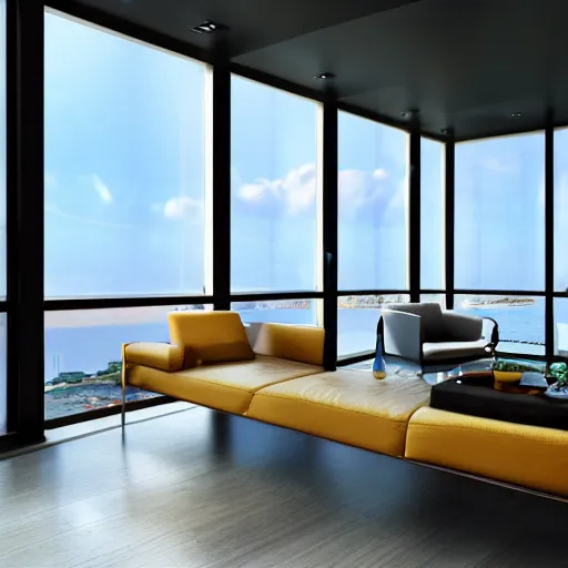 Image similar to modern futuristic interior home design, living room with window facing the sea and sun, hyper-realistic, ultra-detailed, high resolution, bright and clear, HDR shot, cinematic lighting