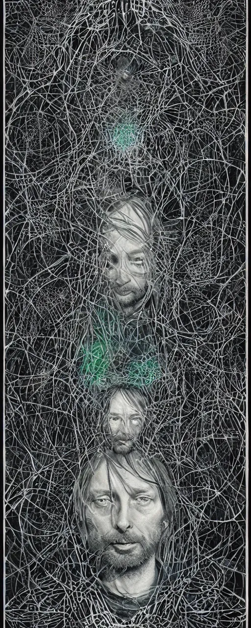 Prompt: disco diffusion portrait of Thom Yorke, hiding in the bushes looking shifty:: cosmic tarot card, intricate fractal details, broken physics, fanciful floral mandelbulb, black paper, style of wes anderson