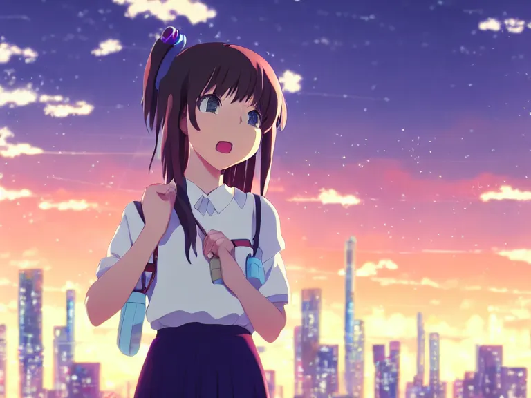 Image similar to anime fine details portrait of joyful school girl in front of cyberpunk moder city landscape on the background deep bokeh, close-up view, anime masterpiece by Studio Ghibli. 8k, sharp high quality anime, artstation