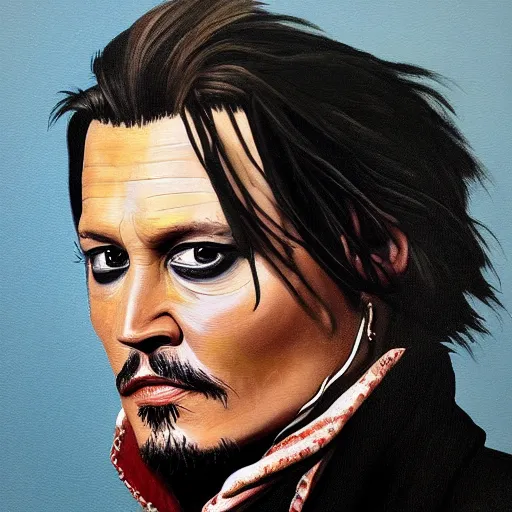 Prompt: a full length portrait painting of johnny depp painted during the dark ages in europe