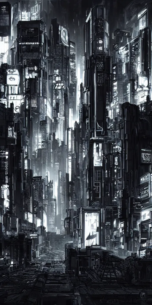 Prompt: Cyberpunk city at night, black and white, concept art