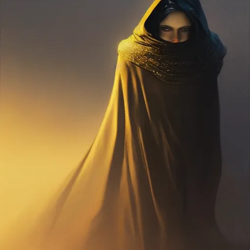 Image similar to a portrait of a young woman wearing a long dark cloak, hood and shadows covering face, holding golden chains, oil painting, matte painting, black background, Volumetric Golden dappled dynamic lighting, Highly Detailed, Cinematic Lighting, Unreal Engine, 8k, HD, by Beksinski