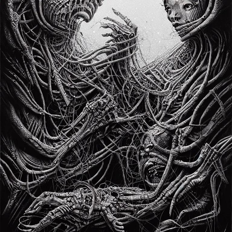 Image similar to Collapsing dreams abstract painting by Dan Hillier and H. R. Giger and Greg Rutkowski, intricate, highly detailed, trending on artstation, artstationHD, artstationHQ, 4k, 8k, sharp, rich vivid colors
