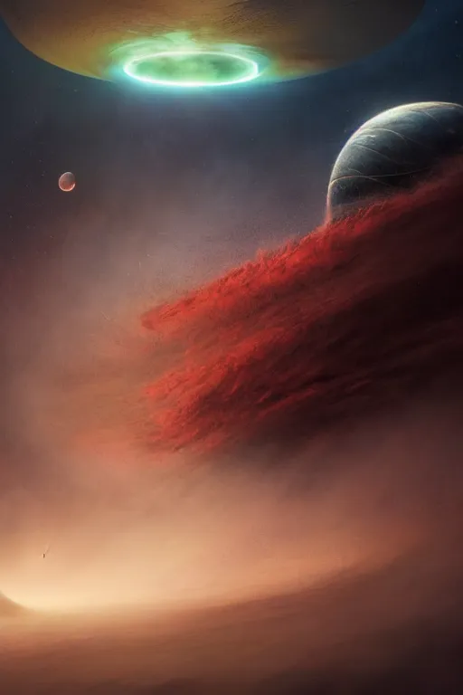 Image similar to Turbulent red ocean drained by a black burning hole surrounded by thunders and pulsar in space, concept art, art nouveau, Jessica Rossier, Reylia Slaby, Peter Gric, Tom Bagshaw, Greg Rutkowski, ferdinand knab, global illumination, volumetric lighting, Jorge Jacinto, CGsociety, blood, radiant light, detailed and intricate environment