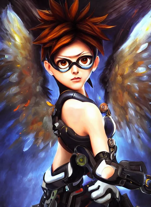 Prompt: full body oil painting of tracer overwatch in the style of sophie anderson, angel wings, black outfit, dramatic painting, wearing steel collar,