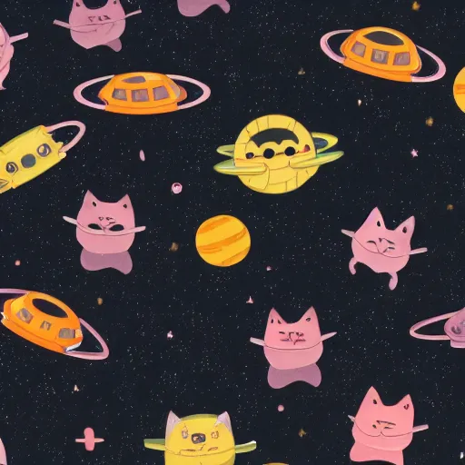 Prompt: spaceships that look like cute cats, in the dark space