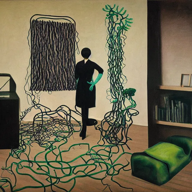 Image similar to a queer female pathology student in her apartment, wrapped in vines, medical equipment, stepping stones, octopus, bones, black walls, ikebana, black armchair, sculpture, acrylic on canvas, surrealist, by magritte and monet