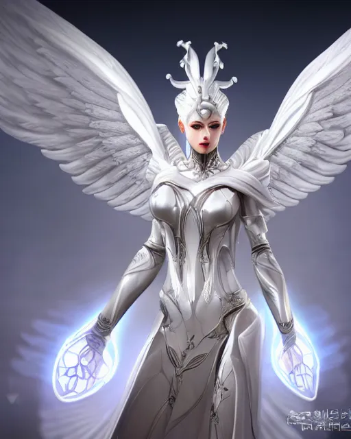 Image similar to perfect ornate white haired attractive egyptian goddess with huge white dove wings, warframe armor, beautiful, symmetric, dreamy, half asian, pretty face, blue eyes, detailed, scifi platform, laboratory, experiment, 4 k, ultra realistic, epic lighting, android body, illuminated, cinematic, masterpiece, art by akihito tsukushi, voidstar