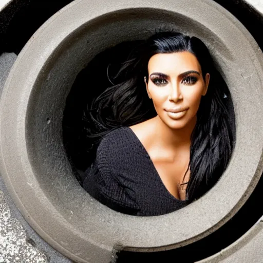 Prompt: photo of kim kardashian trapped inside a sewer grate