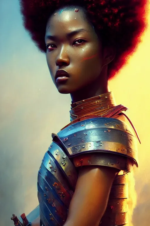 Image similar to samurai with afro, prism highlights, brown skin, blue eyes, telephoto, depth of field, cinematic, macro, concept art, art station, wepa digital, digital painting, elegant, epic, focus, octane render, v-ray, 8k, C4D, art by Karol Bak