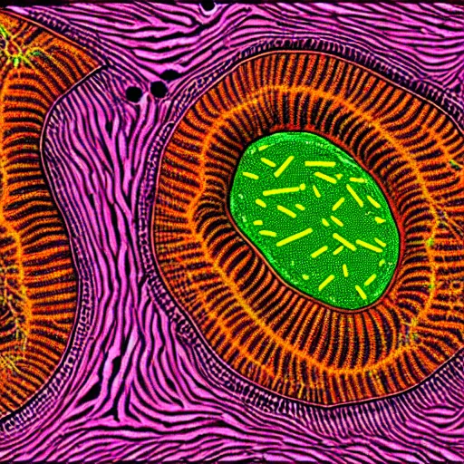 Prompt: plant cell being eaten by nematode worms, microscopy, microscope, psychedelic, halftone, science, scientific, journal