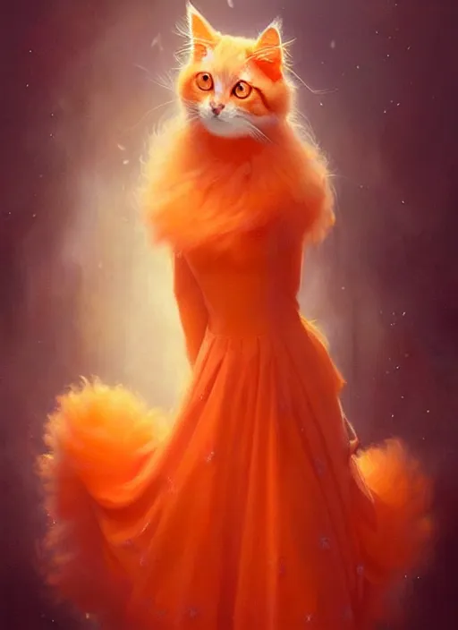 Prompt: a beautiful orange fluffy cat with baroque dress, painted by artgerm and tom bagshaw, fantasy art, dramatic lighting, highly detailed oil painting