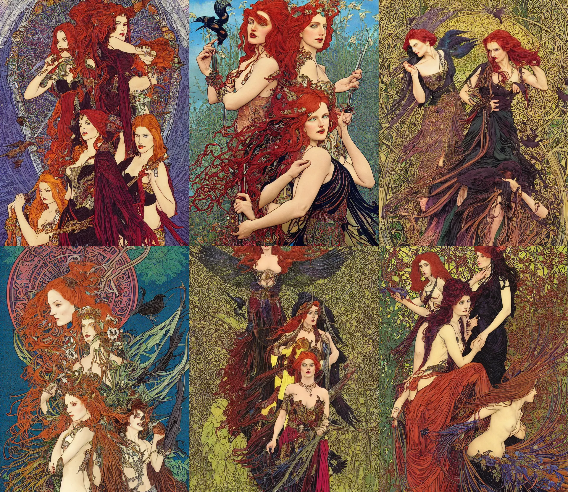 Prompt: a fine art painting of the Badb or the three Morrigan, the irish celtic goddess of war and death, one is a redhead, one is a brunette, one is blond, fully clothed and preparing for battle, surrounded by a murder of crows, celtic fantasy, painting by dan mumford and jim fitzpatrick, by Alphonse Mucha, detailed, colorful