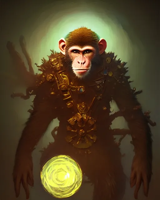 Prompt: Monkey Biomancer, Scientist, Laboratory Magical, Priest, D&D, artstation, fantasy, magic the gathering artwork, cinematic lighting, centered, symmetrical, highly detailed, digital painting, , concept art, smooth, sharp focus, illustration, volumetric lighting, epic Composition, 8k, art by Akihiko Yoshida and Greg Rutkowski and Craig Mullins, oil painting, cgsociety